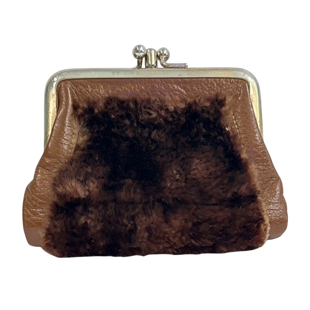 Vng Godfried & Associates Cowhide Leather Rabbit Fur Kiss Lock Coin Purse Wallet